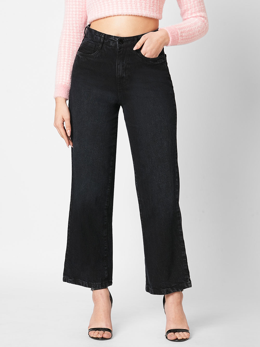 Women Charcoal Black Wide Leg Jeans