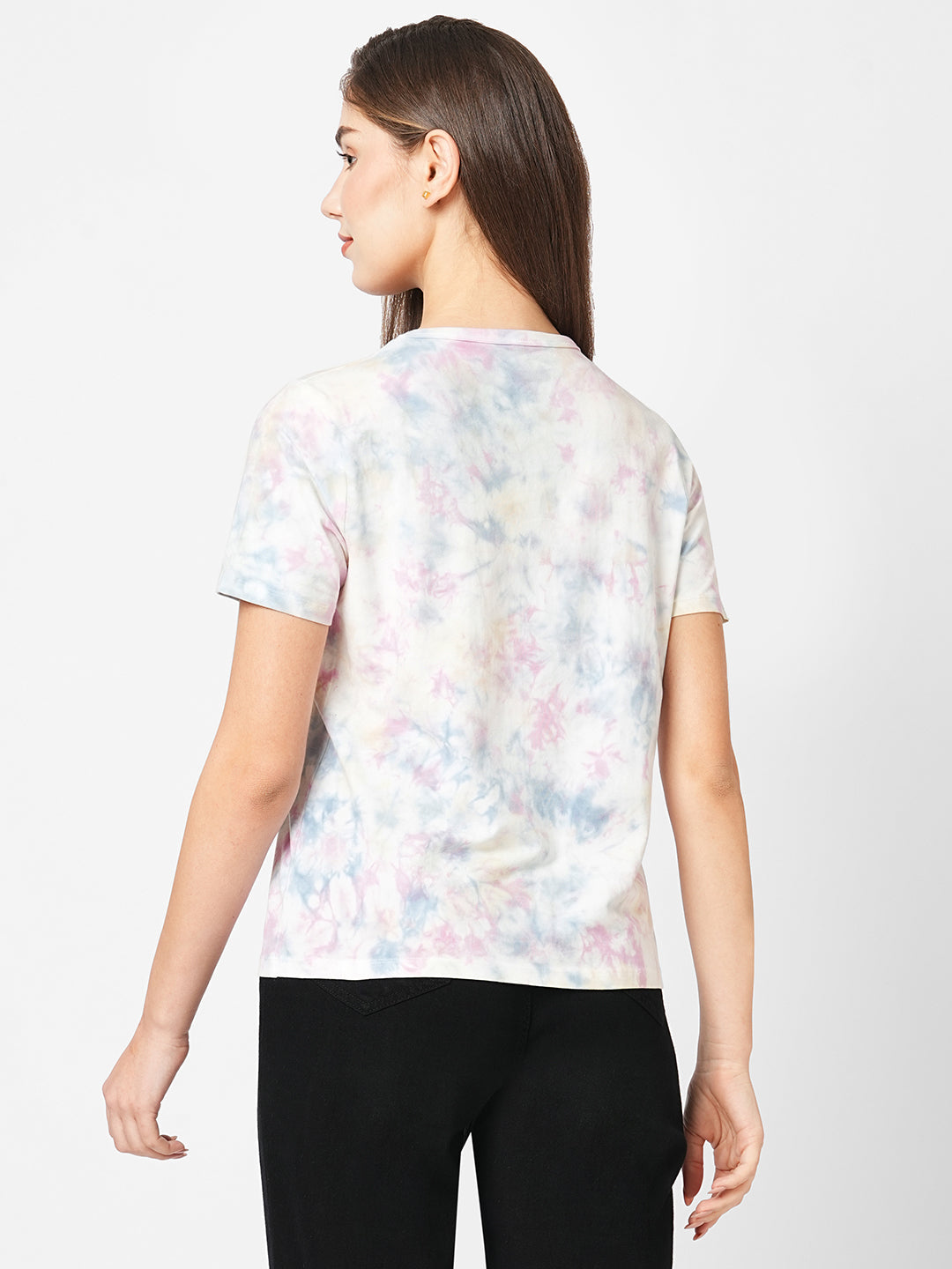 Women Blue/Pink Tie & Dye Slim T-Shirt