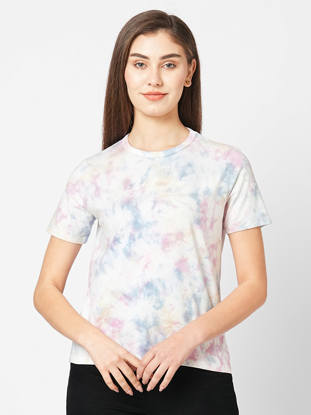 Women Blue/Pink Tie & Dye Slim T-Shirt