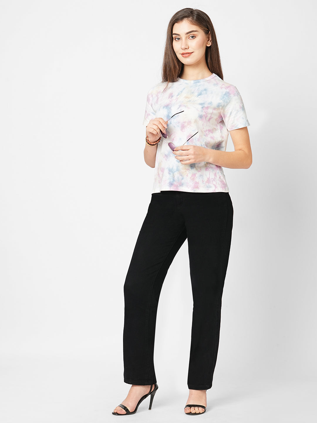 Women Blue/Pink Tie & Dye Slim T-Shirt