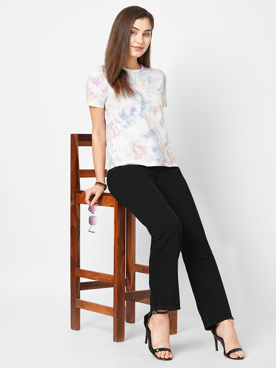Women Blue/Pink Tie & Dye Slim T-Shirt