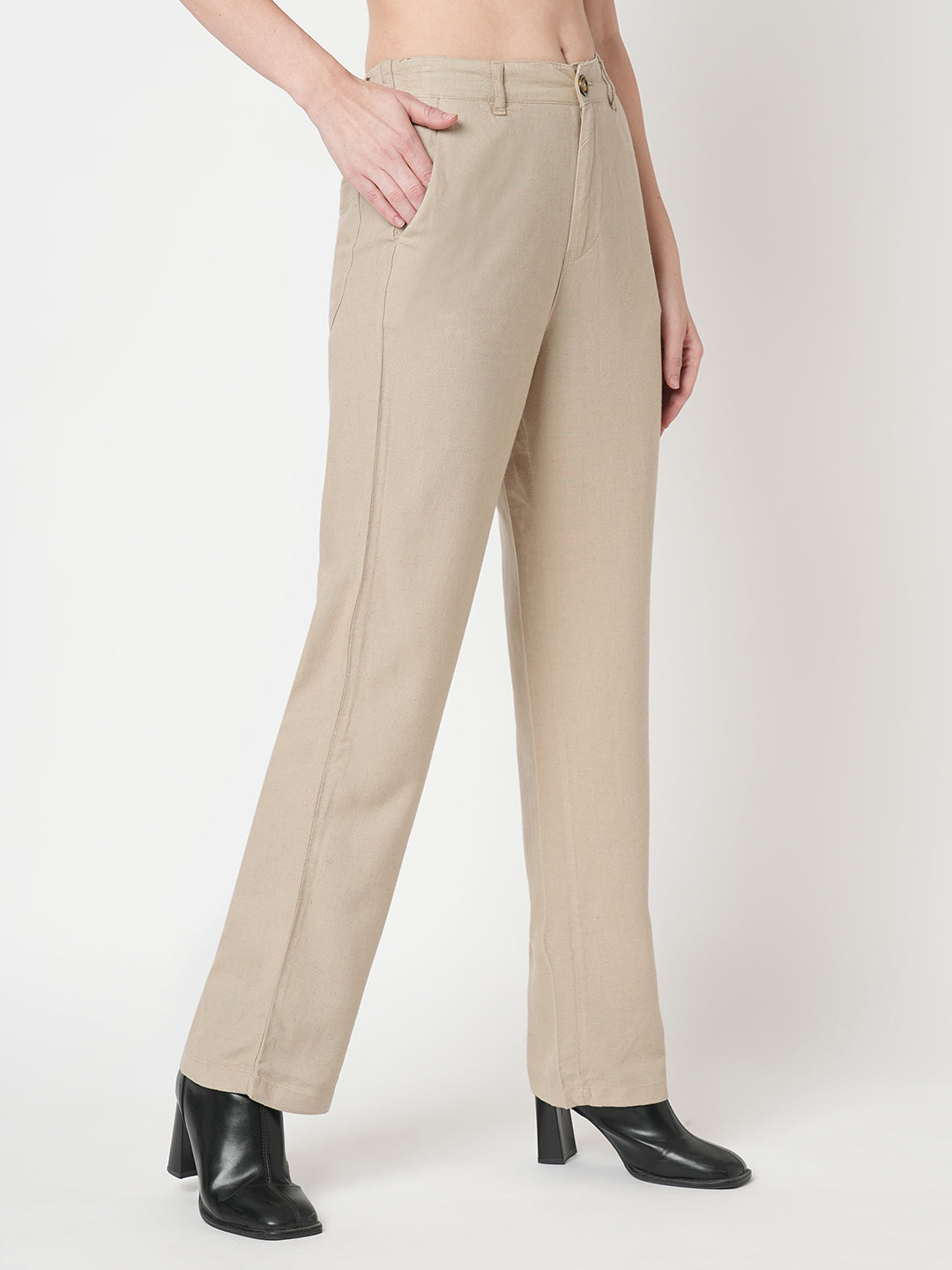 Women Oatmilk High-Rise Straight Fit Korean Pants