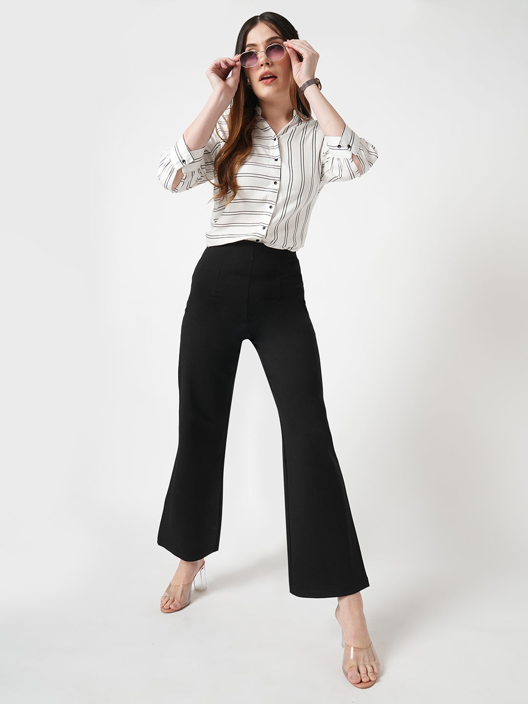 Women Black Mid-Rise Wide Leg Treggings
