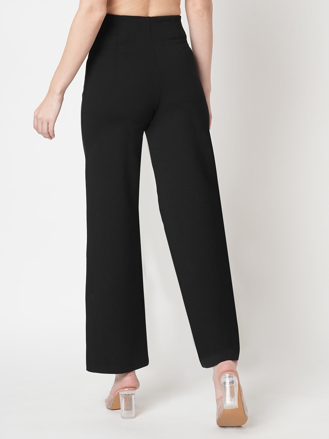 Women Black Mid-Rise Wide Leg Treggings