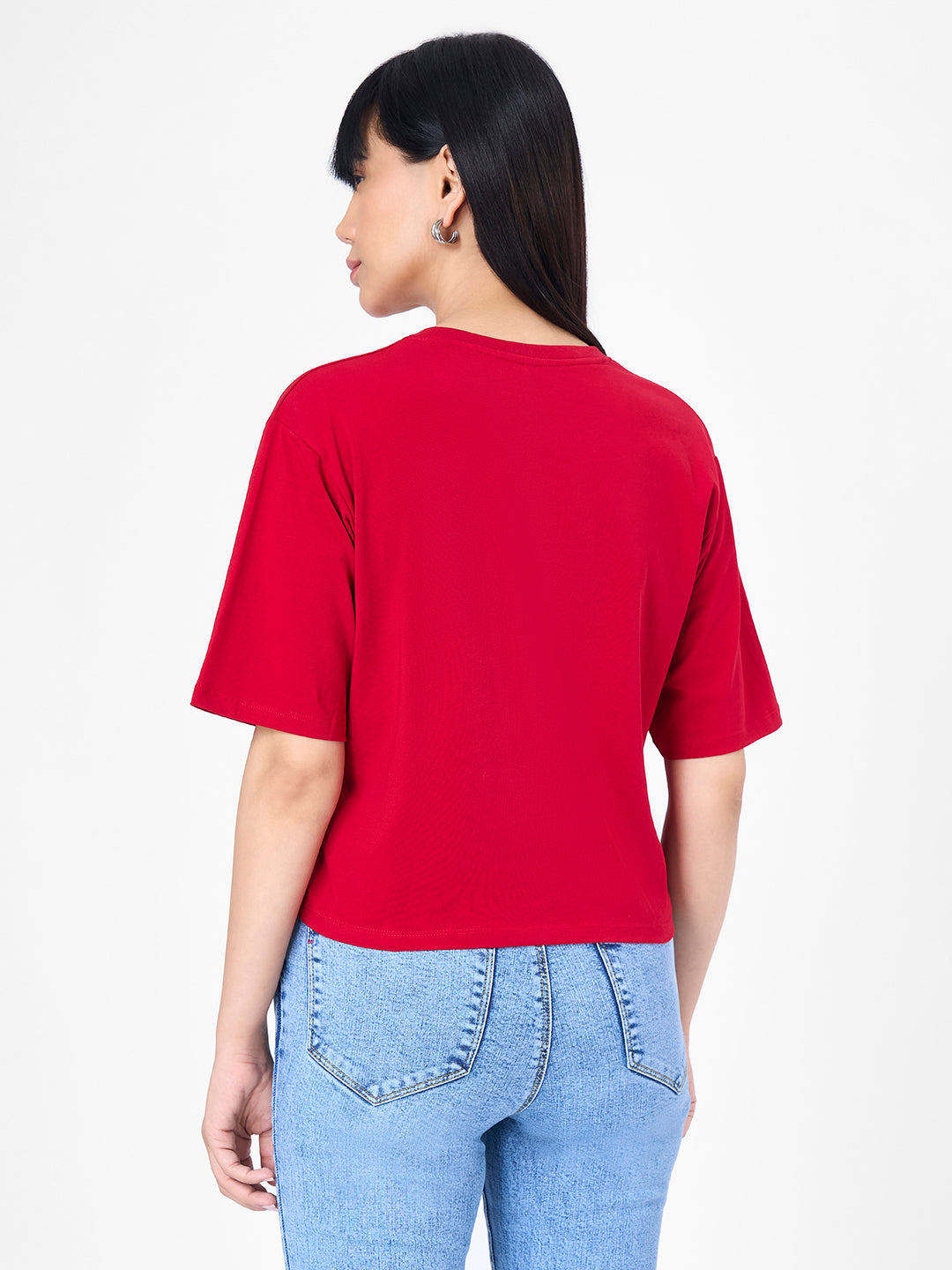 Women Red Graphic Slim Fit Crop T-Shirt