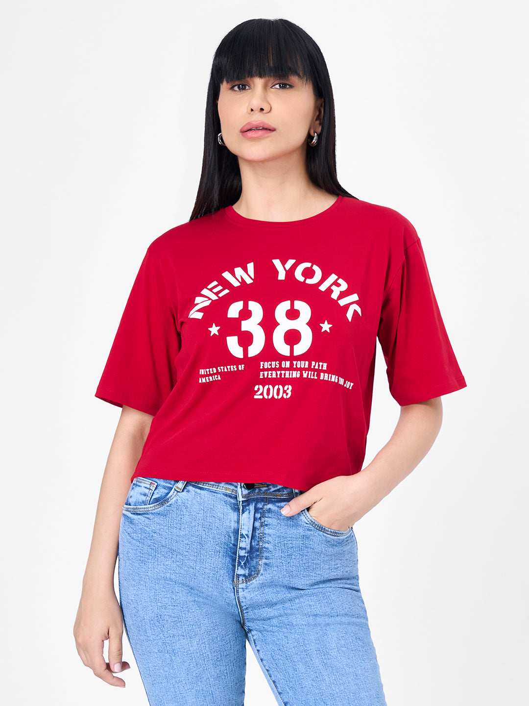 Women Red Graphic Slim Fit Crop T-Shirt