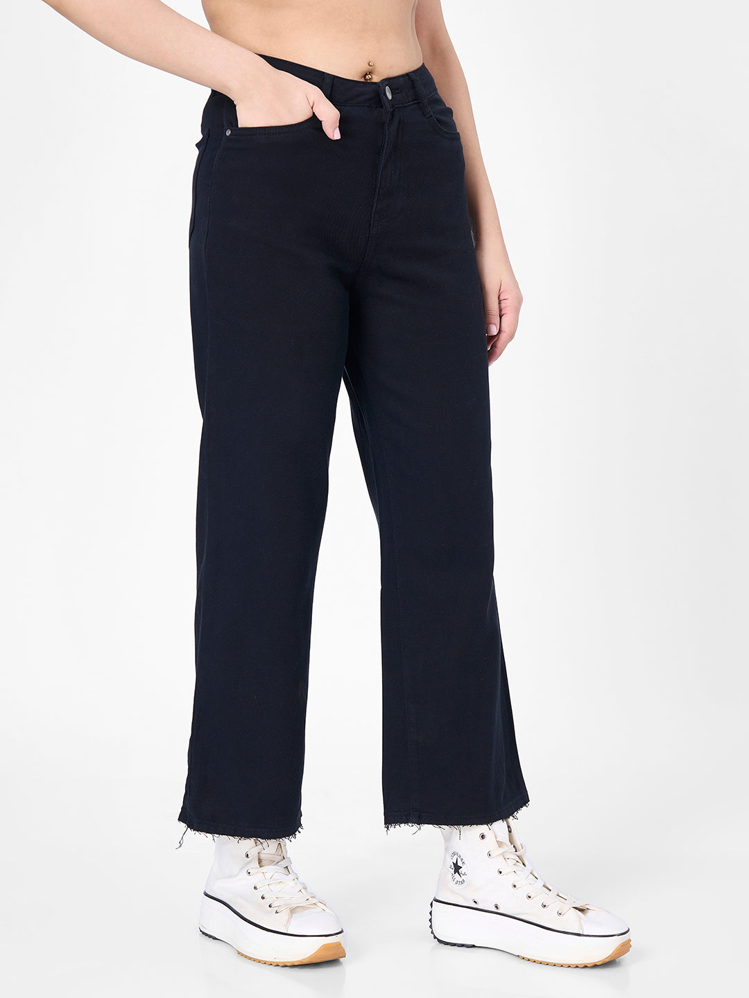 Women Black Crop Wide Leg Jeans