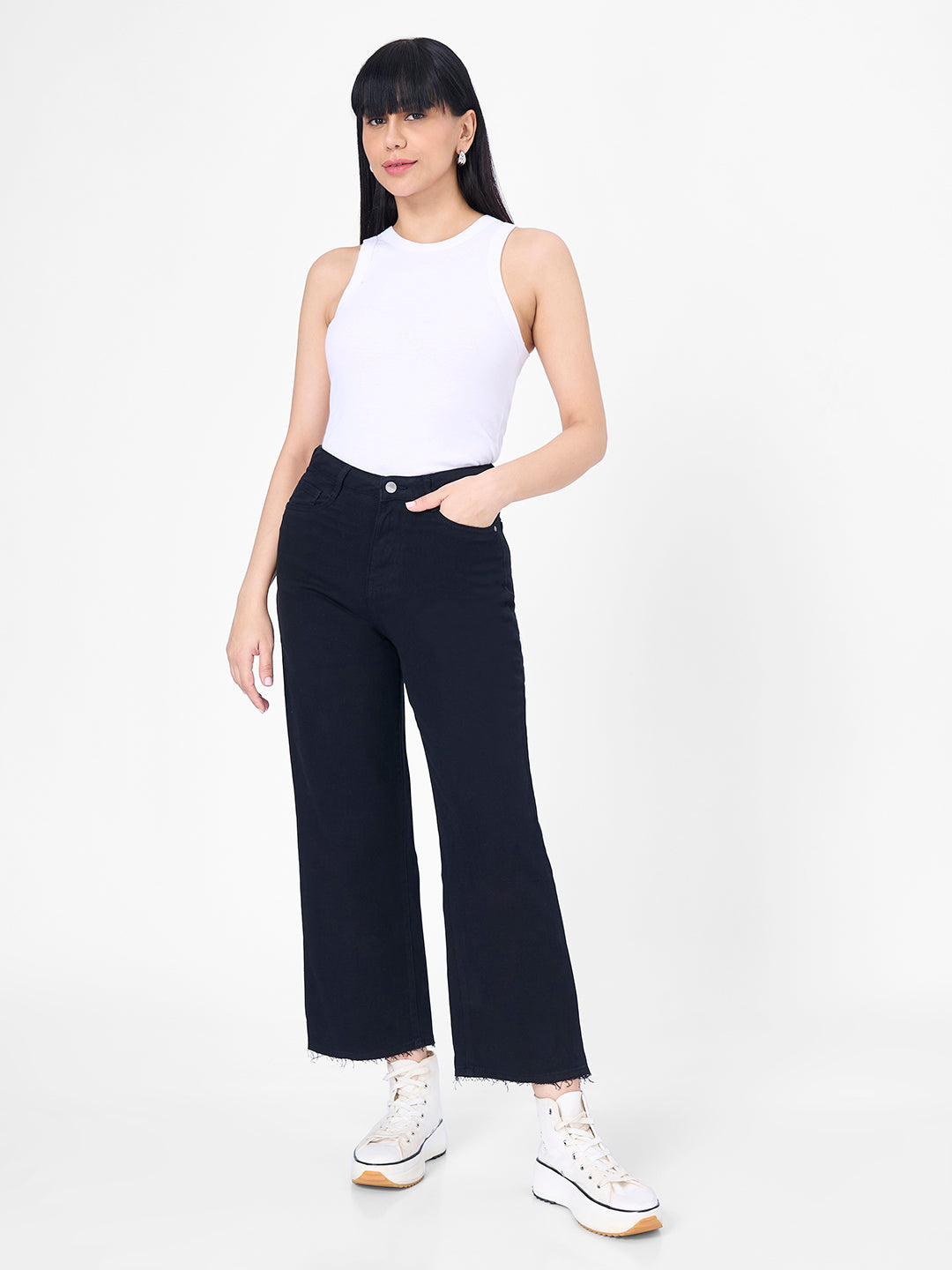 Women Black Crop Wide Leg Jeans