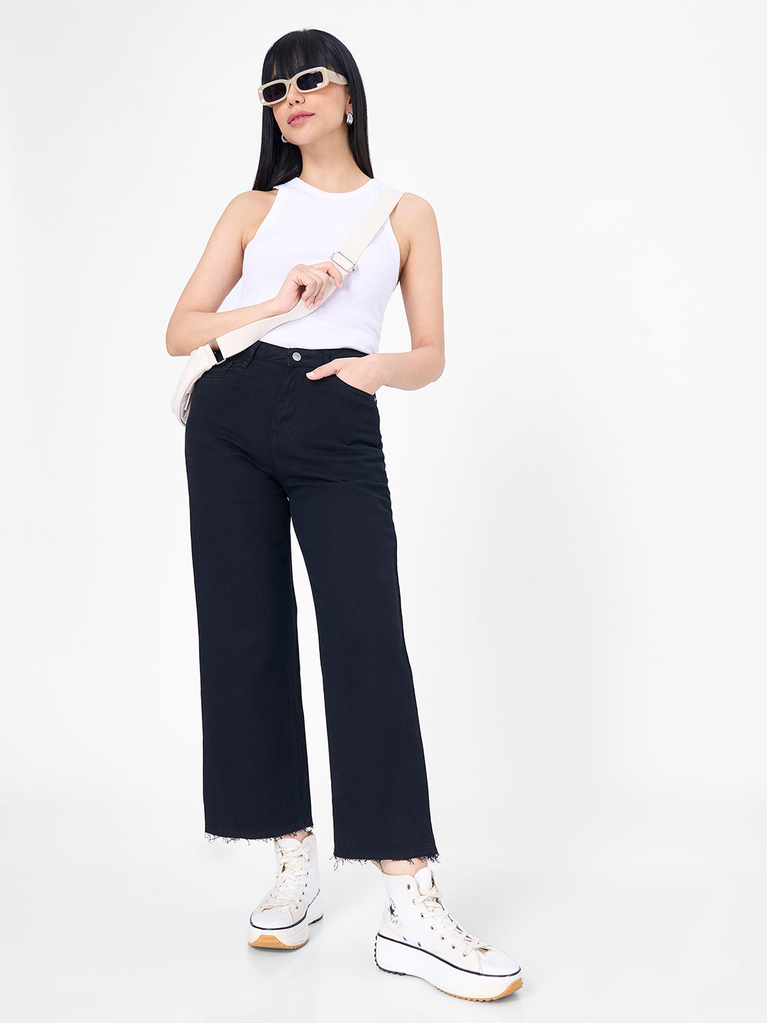 Women Black Crop Wide Leg Jeans