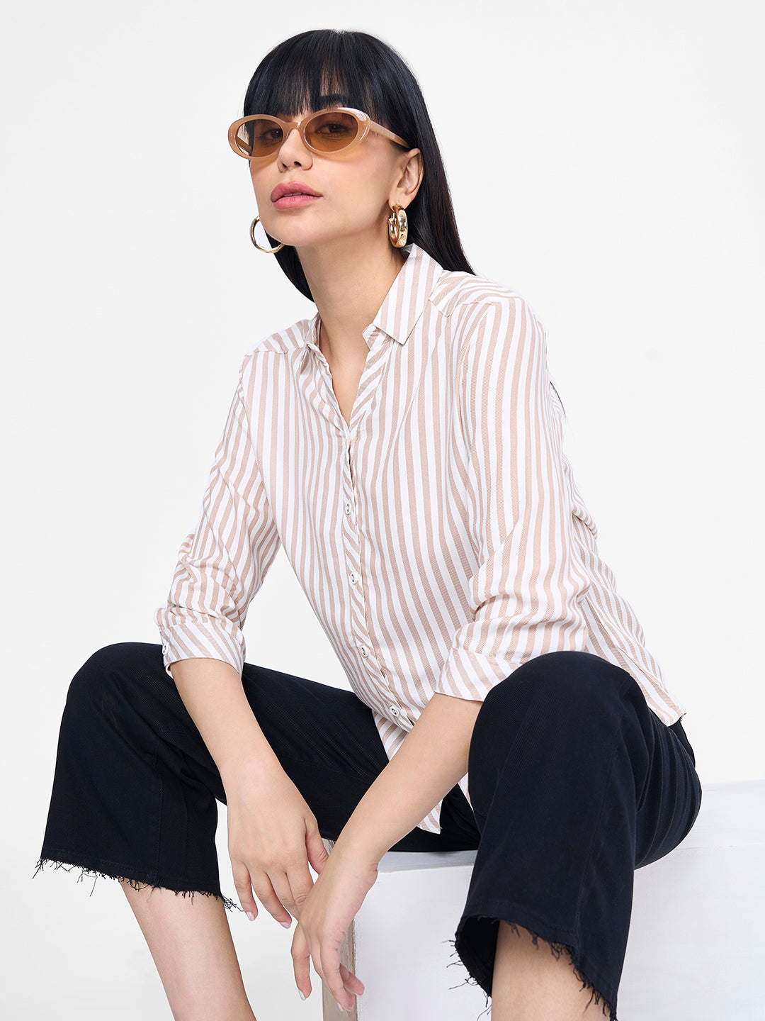 Women Beige/White Slim Shirt