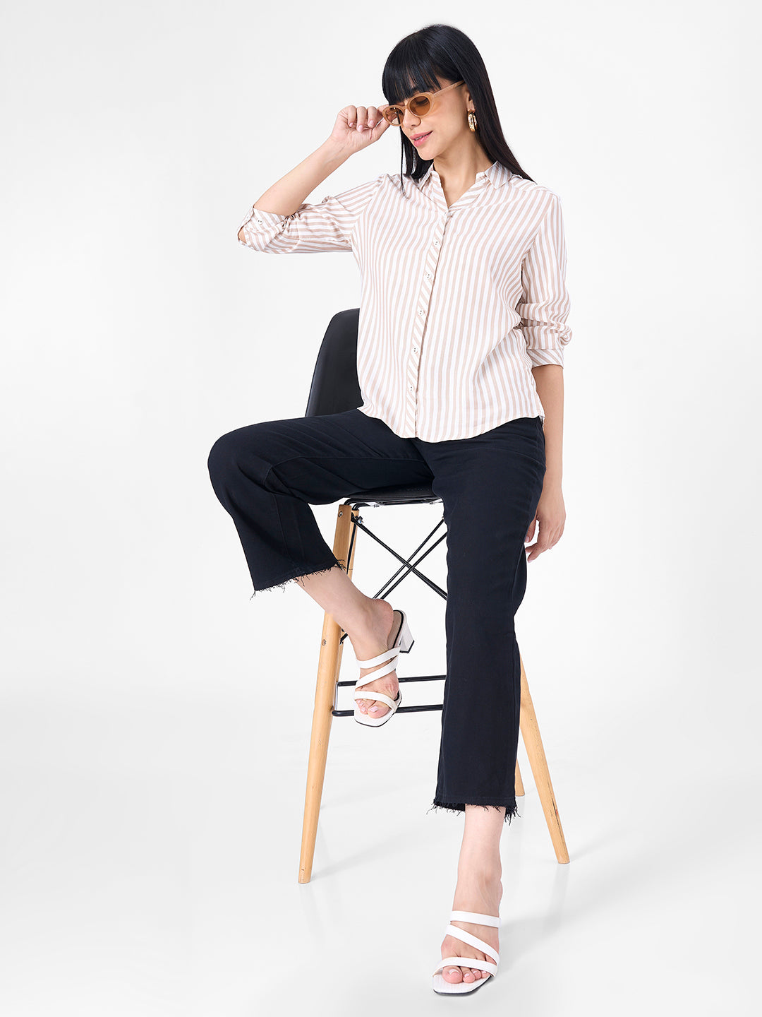 Women Beige/White Slim Shirt