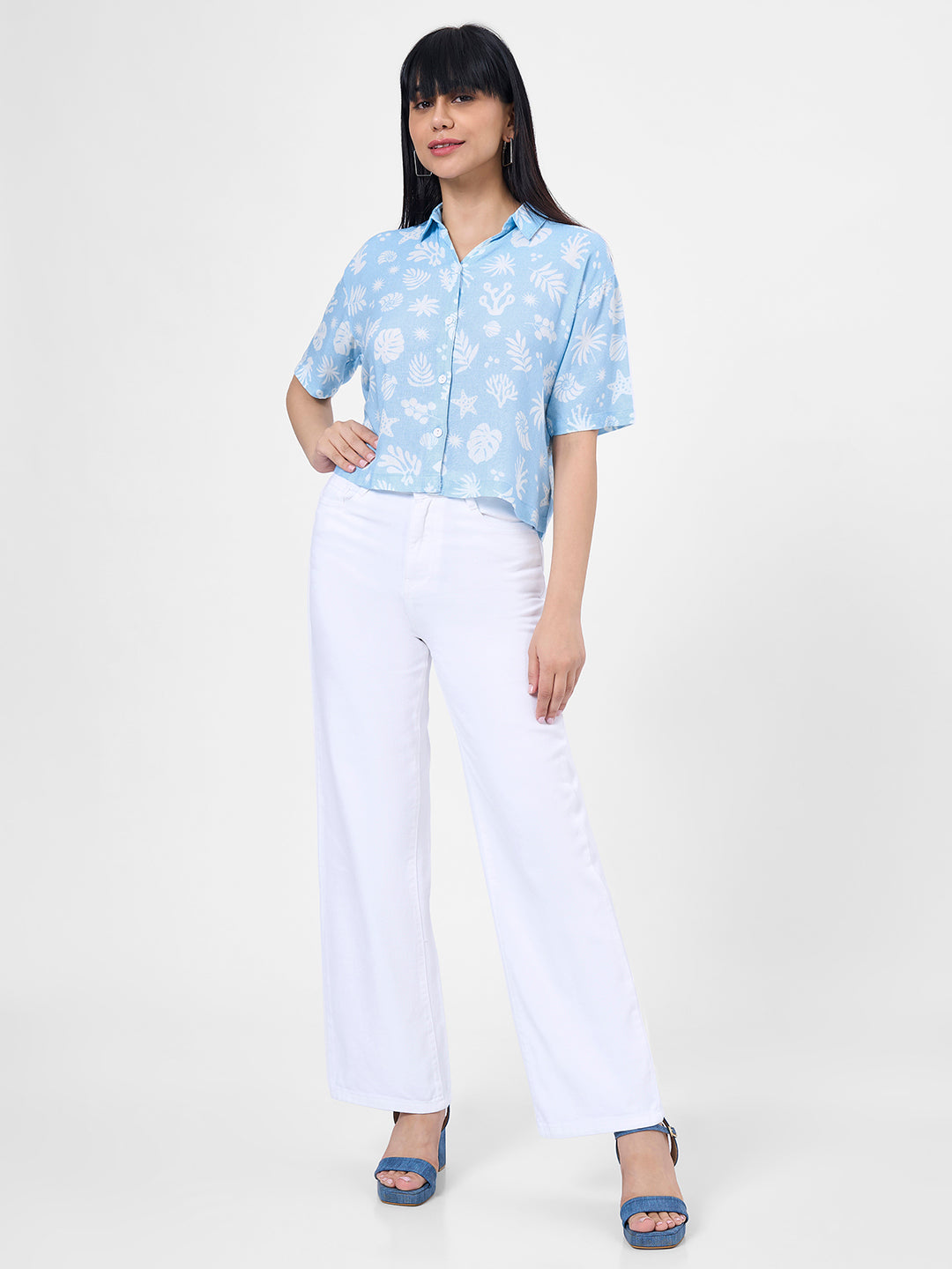 Women Sky Crop Slim Shirt