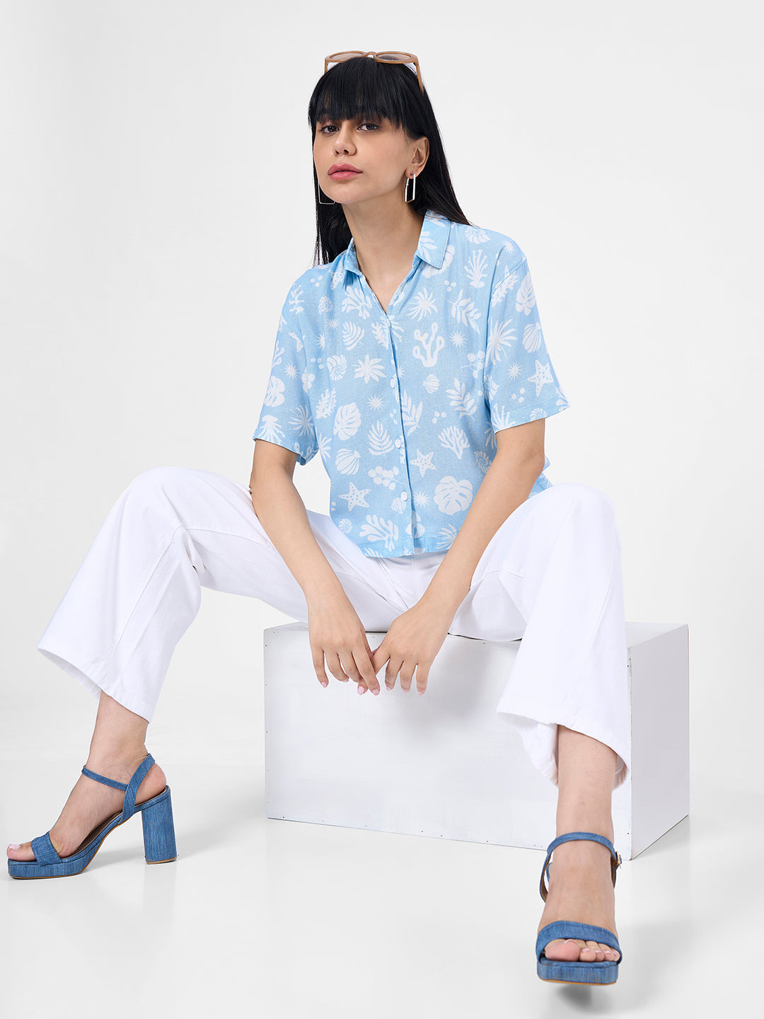 Women Sky Crop Slim Shirt