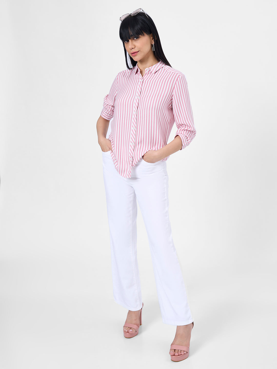 Women Dusty Pink/White Slim Shirt