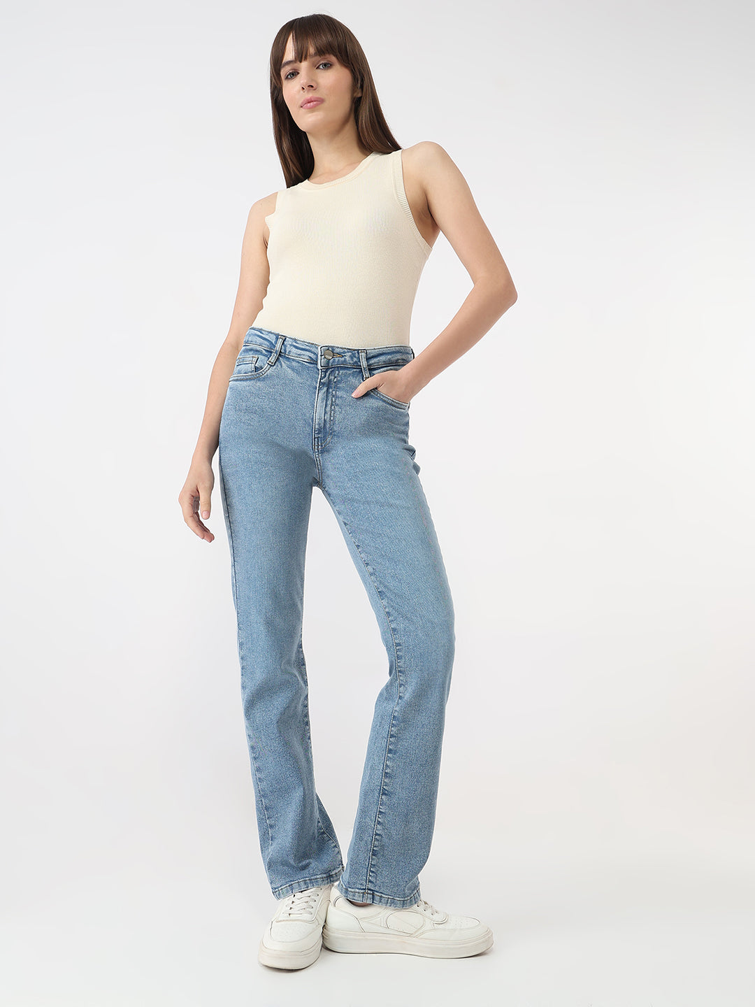 Women Light Blue High-Rise Slim Straight Fit Jeans