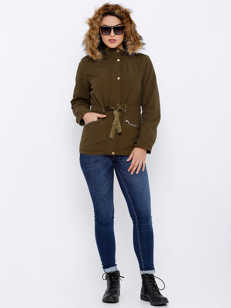 Women Olive Solid Full Length Jackets & Shrugs