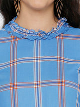 Women Royal Blue Checked Three-Quarter Sleeves Tops