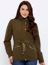Women Olive Solid Full Length Jackets & Shrugs