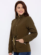 Women Olive Solid Full Length Jackets & Shrugs