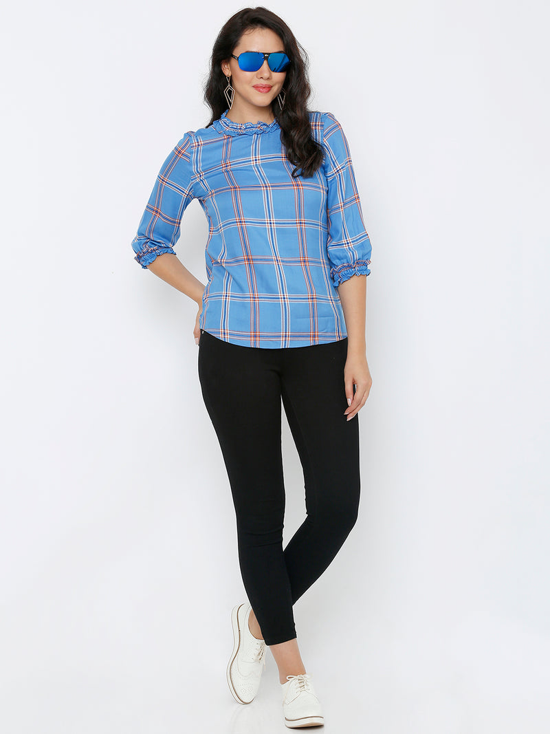 Women Royal Blue Checked Three-Quarter Sleeves Tops