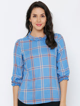 Women Royal Blue Checked Three-Quarter Sleeves Tops