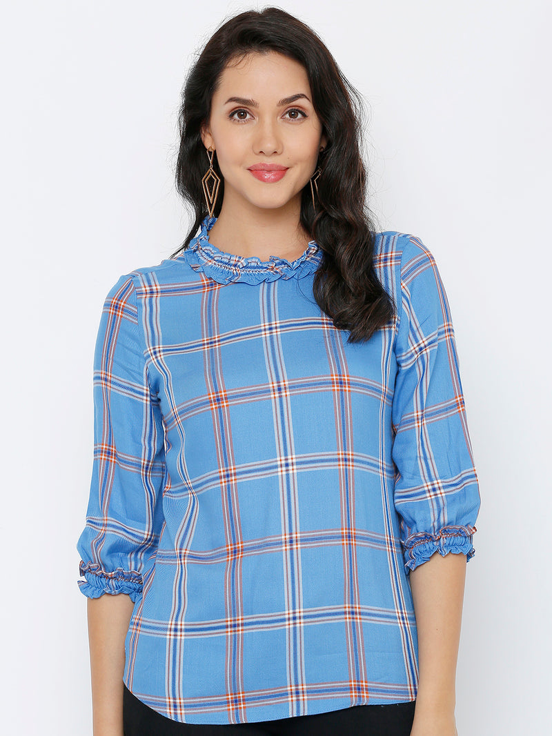 Women Royal Blue Checked Three-Quarter Sleeves Tops