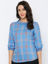 Women Royal Blue Checked Three-Quarter Sleeves Tops