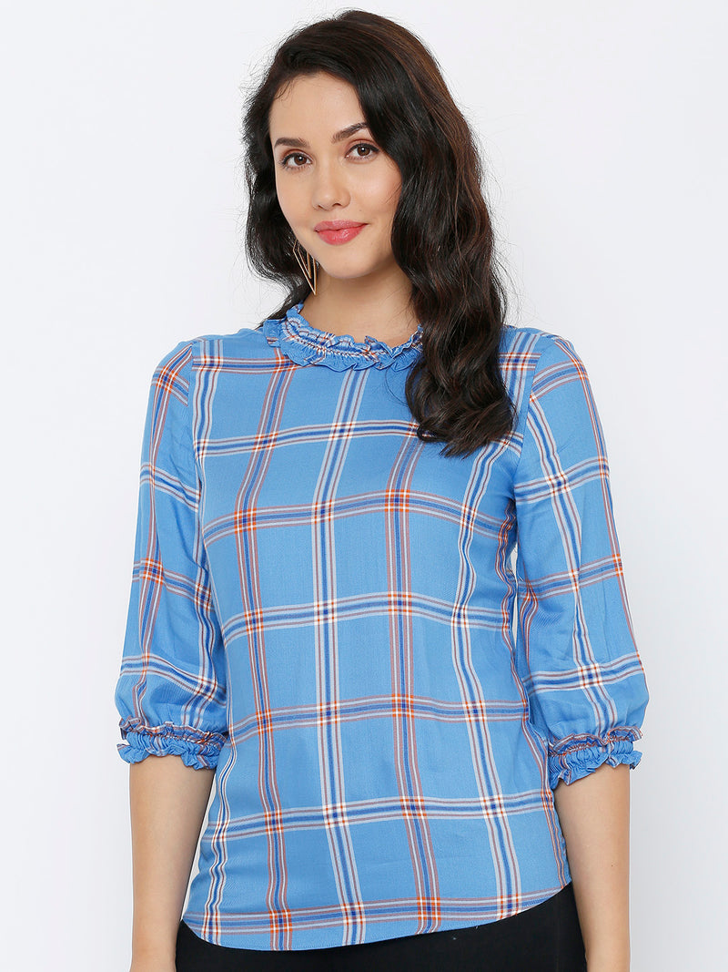 Women Royal Blue Checked Three-Quarter Sleeves Tops
