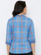 Women Royal Blue Checked Three-Quarter Sleeves Tops