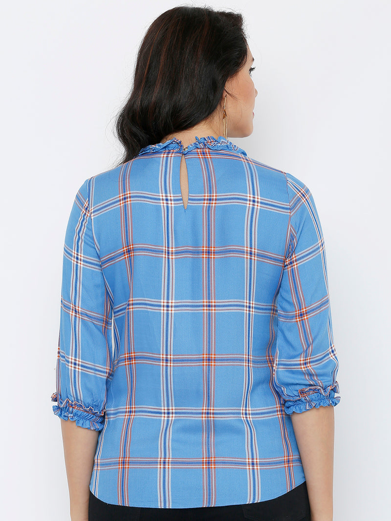 Women Royal Blue Checked Three-Quarter Sleeves Tops