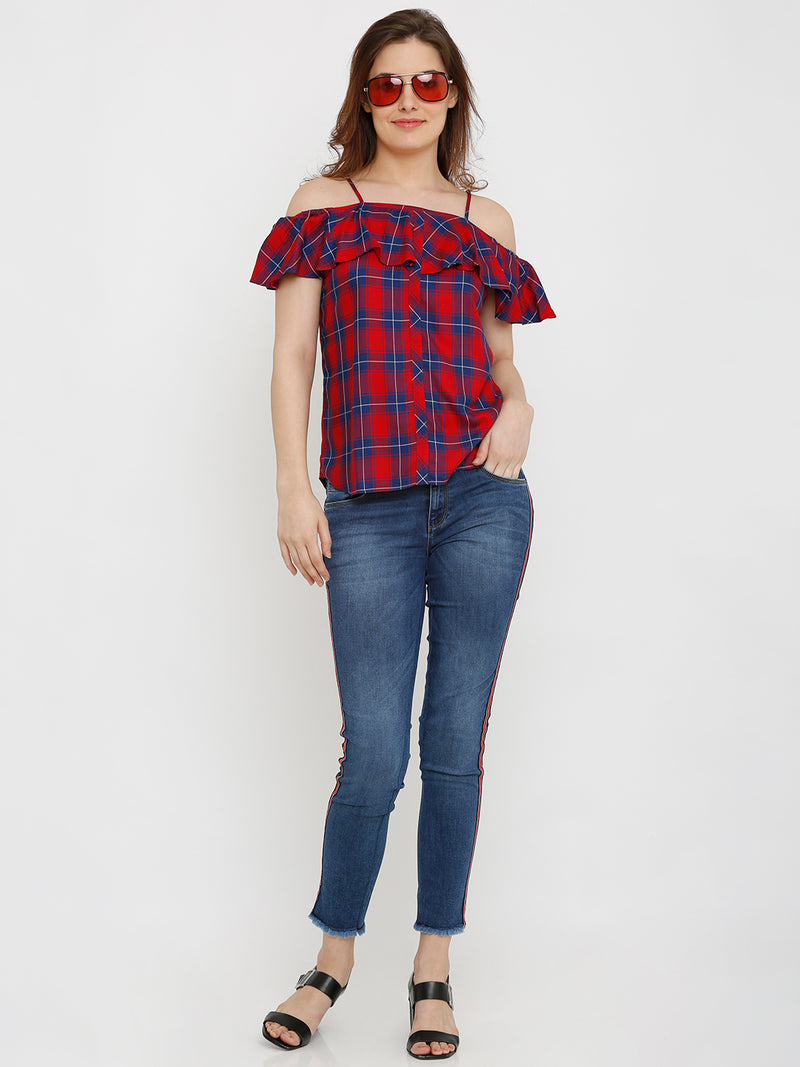 Women Red & Blue Printed Short Sleeves Tops