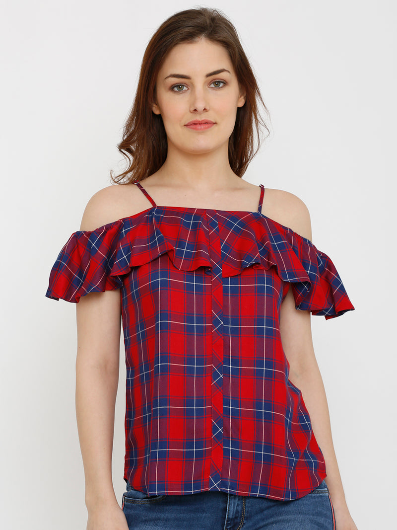 Women Red & Blue Printed Short Sleeves Tops