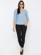 Women Light Blue Printed Three-Quarter Sleeves Tops