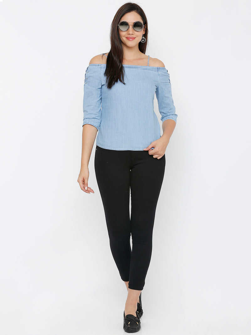 Women Light Blue Printed Three-Quarter Sleeves Tops