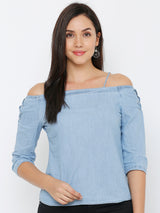Women Light Blue Printed Three-Quarter Sleeves Tops