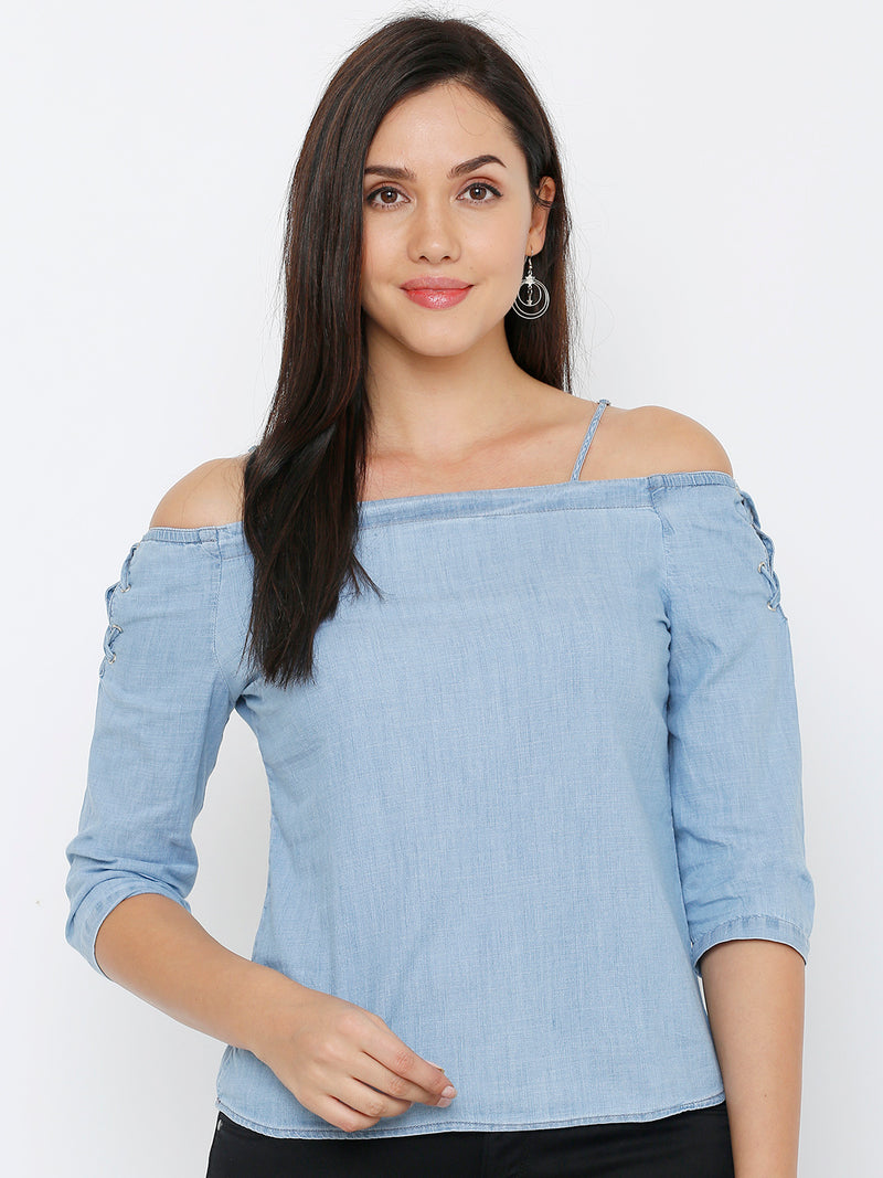 Women Light Blue Printed Three-Quarter Sleeves Tops