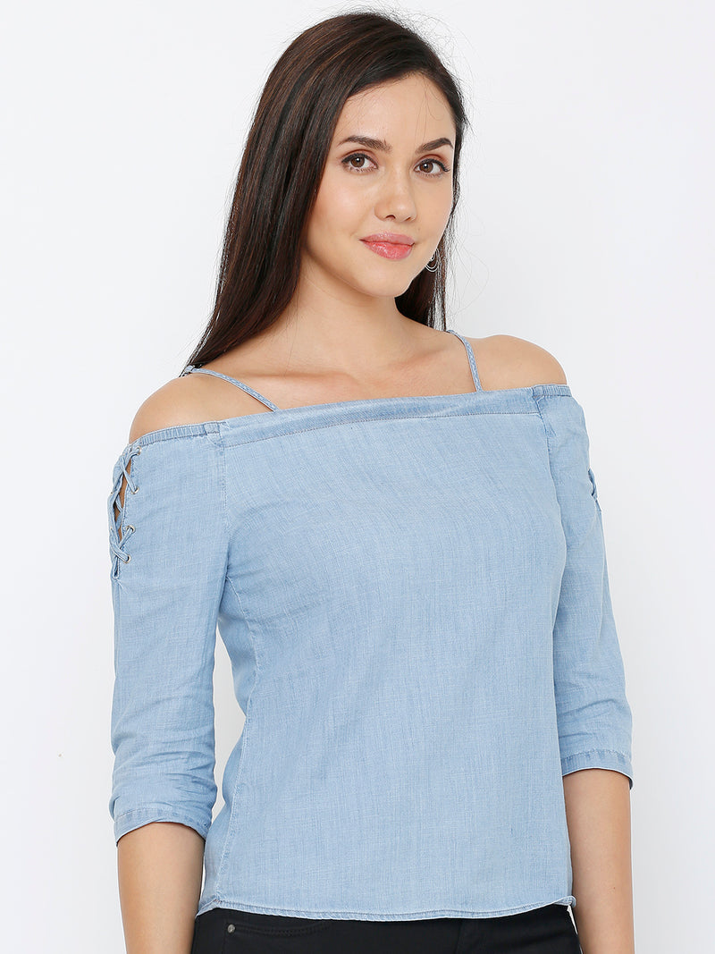 Women Light Blue Printed Three-Quarter Sleeves Tops