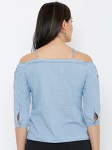 Women Light Blue Printed Three-Quarter Sleeves Tops