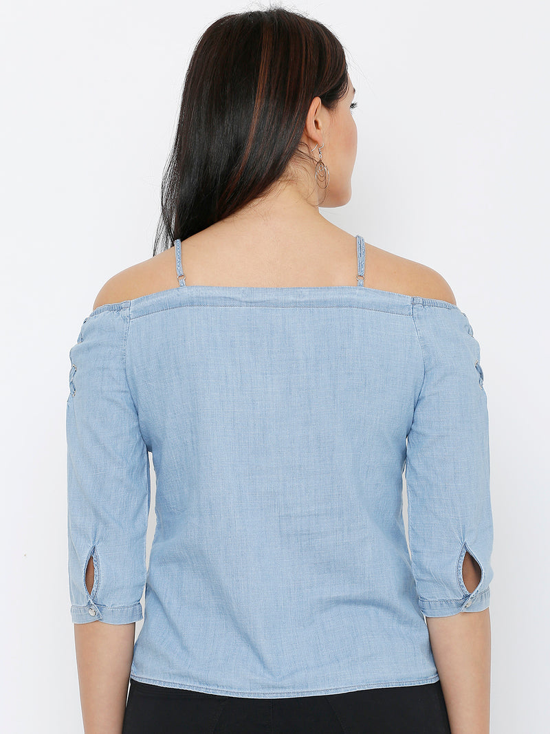 Women Light Blue Printed Three-Quarter Sleeves Tops