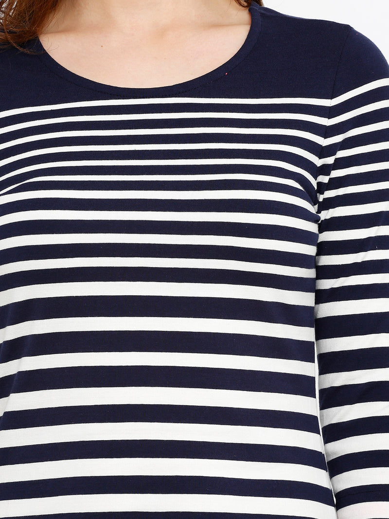 Women Navy Blue Striped Three-Quarter Sleeves Tops