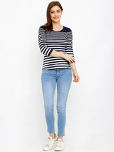 Women Navy Blue Striped Three-Quarter Sleeves Tops