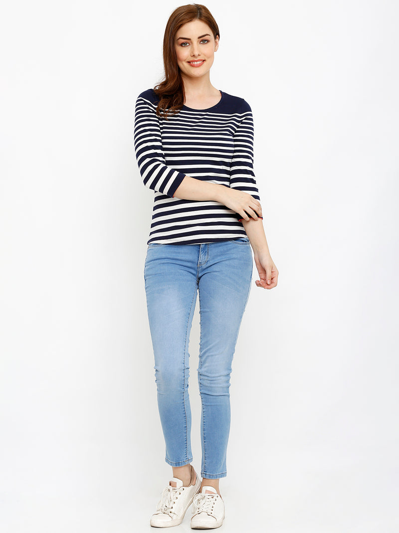 Women Navy Blue Striped Three-Quarter Sleeves Tops