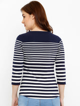 Women Navy Blue Striped Three-Quarter Sleeves Tops