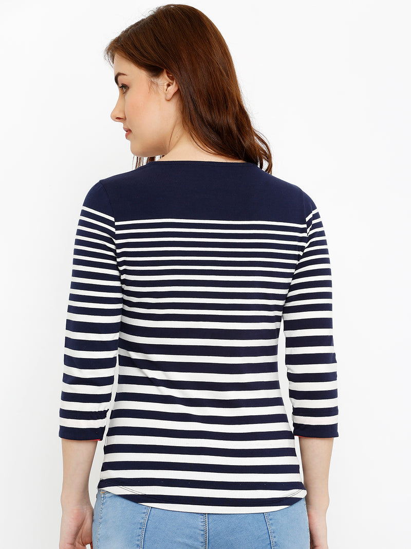 Women Navy Blue Striped Three-Quarter Sleeves Tops