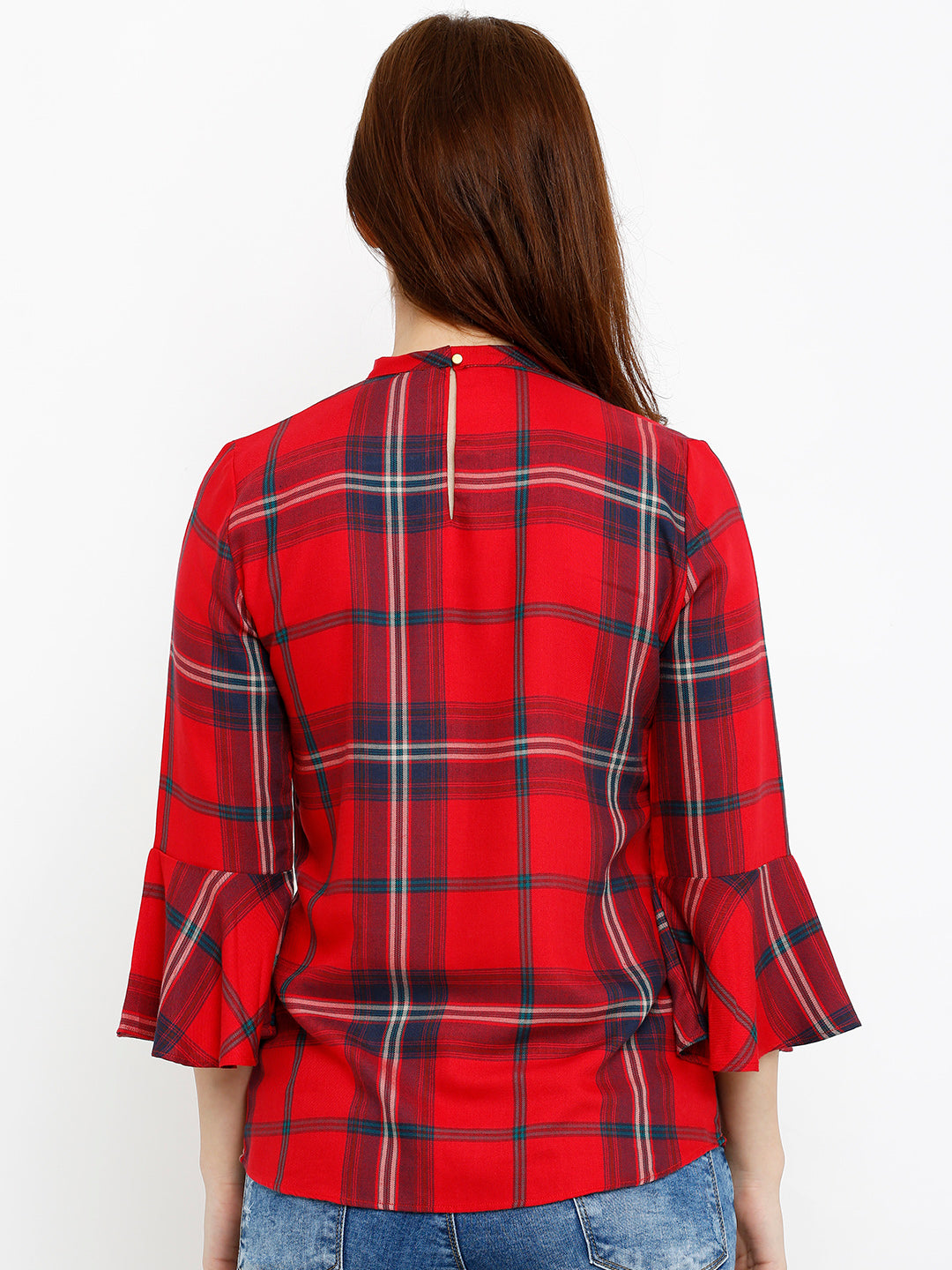 Women Red Checked Three-Quarter Sleeves Tops