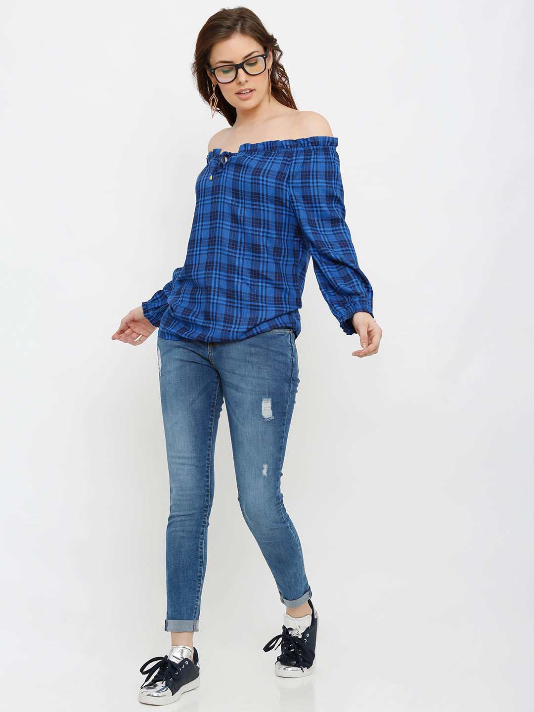 Women Blue/Black Off Shoulder Top
