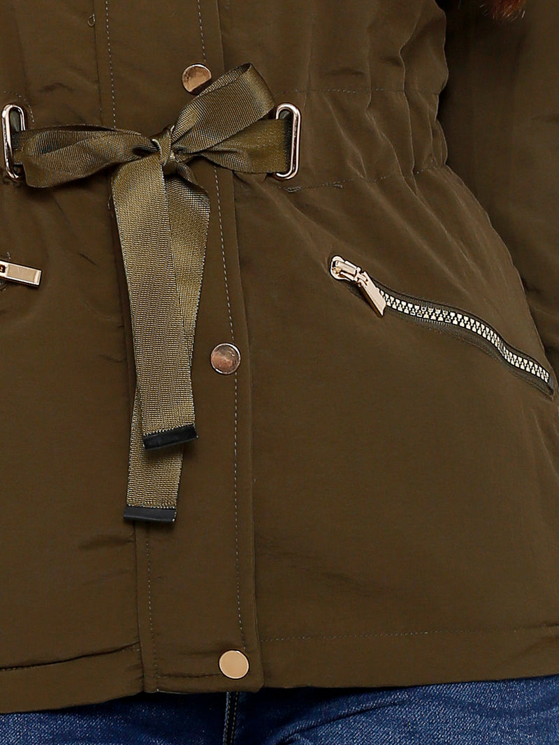 Women Olive Solid Full Length Jackets & Shrugs