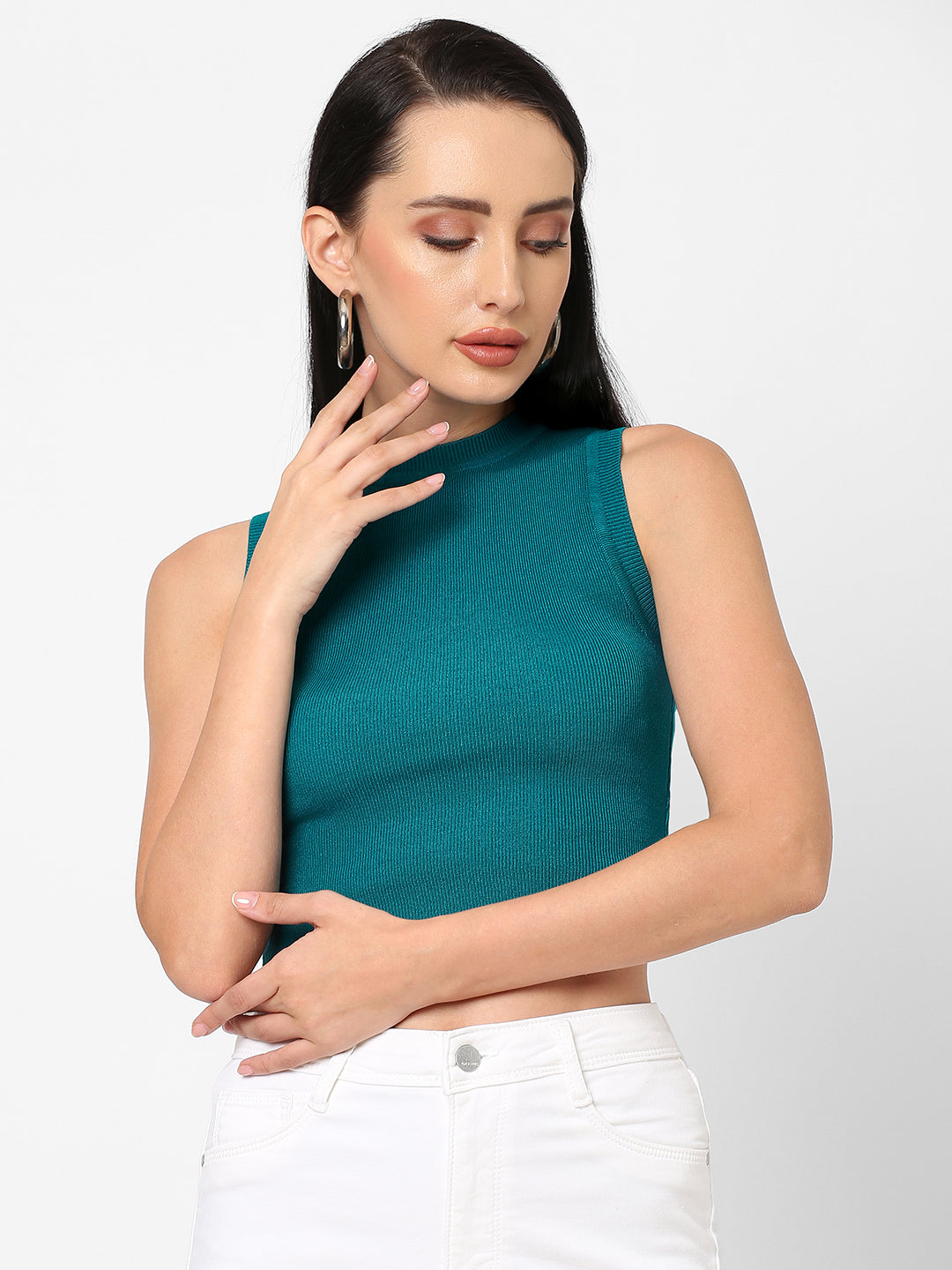 Women Teal Slim Fit Flat Knit