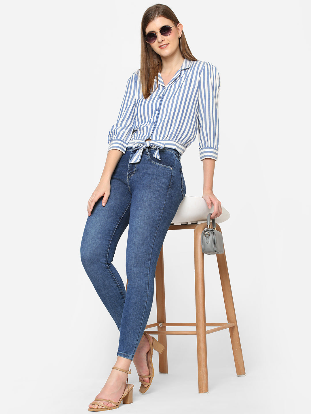 Women Blue & White Slim Crop Shirt