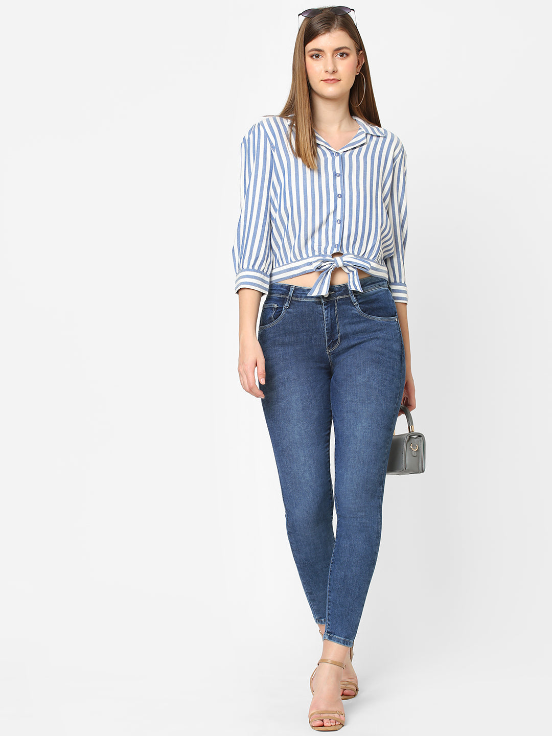 Women Blue & White Slim Crop Shirt